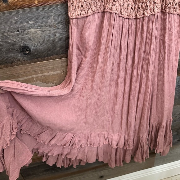Free People Adella Lace Slip Dress Crochet Pink Rose Layered Bottom Festival - Picture 9 of 10